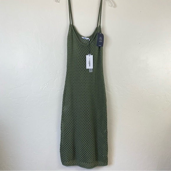 Ella Karberg X NAKD Medium Olive Green Crochet Knit Spaghetti Strap Midi Dress - Picture 1 of 6